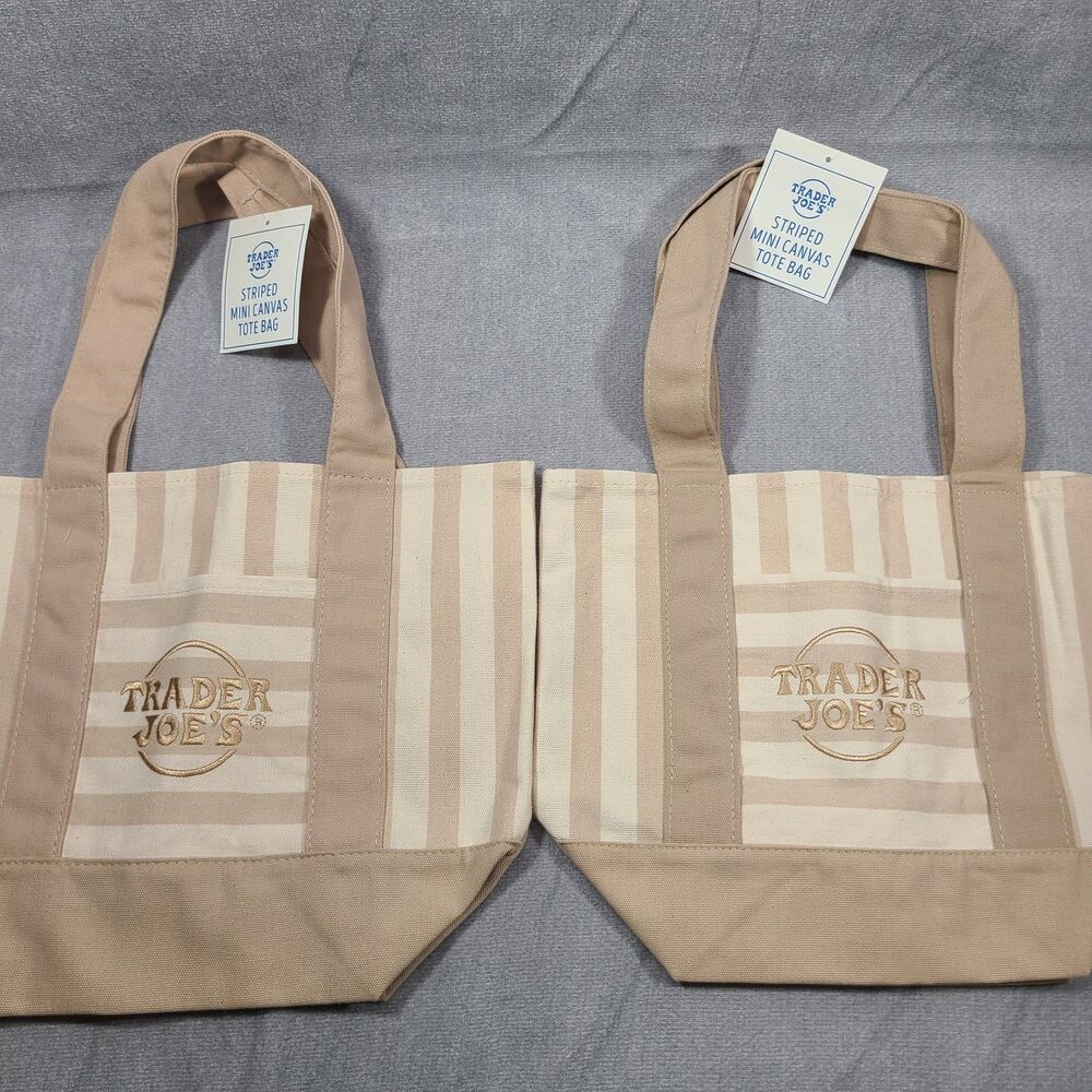 Trader Joe’s 2026 Striped Mini Canvas Tote Bags Tan BUNDLE OF 2 -NEW